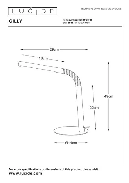 Lucide GILLY - Bureaulamp - LED - 1x5W 2700K - Zwart - technisch